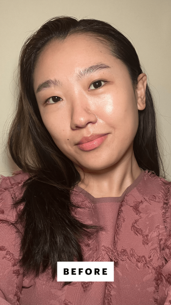 Allure commerce editor Sarah Han before applying the Danessa Myricks Beauty Yummy Skin Blurring Balm Powder Flushed