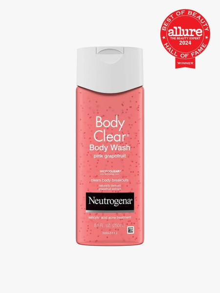 Neutrogena Body Clear Body Wash Pink Grapefruit bottle of pink body wash with white cap on light gray background with red Allure Best of Beauty Hall of Fame seal in the top right corner