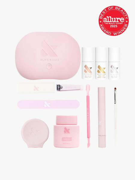 Olive  June Gel Mani System Set in multiple branded components on a light gray background with best of beauty 2025 seal...