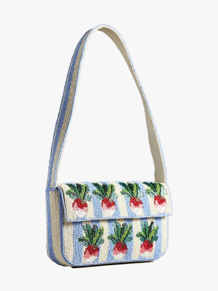 Anthropologie The Fiona Beaded Bag Food  Drink Edition beaded purple with stripes and radish pattern on light gray...