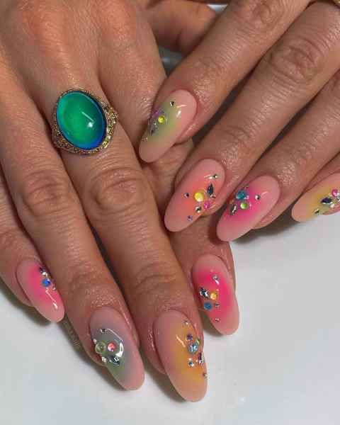 Taylor Swift TLOAS Nails pink yellow blue and green airbrushed nails with gems