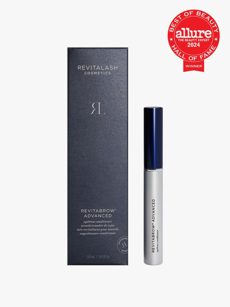 RevitaBrow Advanced Eyebrow Conditioner silver and blue tube of brow conditioner and box on light gray background with red Allure Best of Beauty Hall of Fame seal in the top right corner