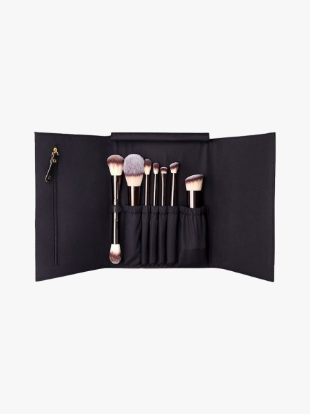 Hourglass Travel Vegan Brush Set black case of makeup brushes on light gray background
