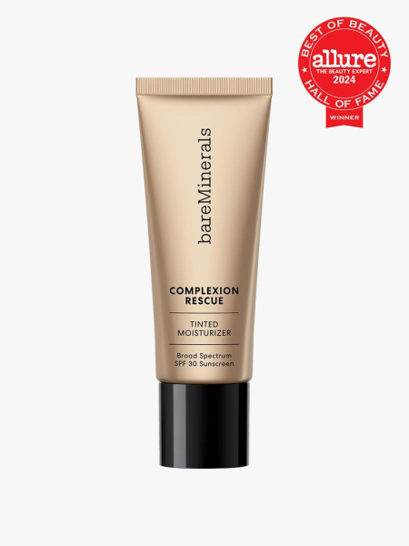 BareMinerals Complexion Rescue Tinted Hydrating Gel Cream gold tube with black cap on light gray background with red Allure Best of Beauty seal in the top right corner