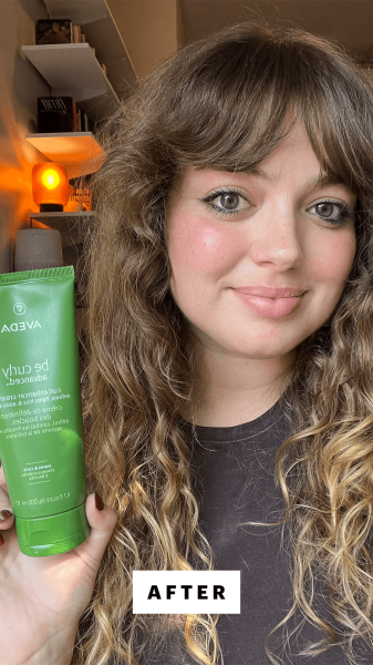 Sarah Hoffmann before applying the Aveda Be Curly Advanced Curl Enhancer Cream