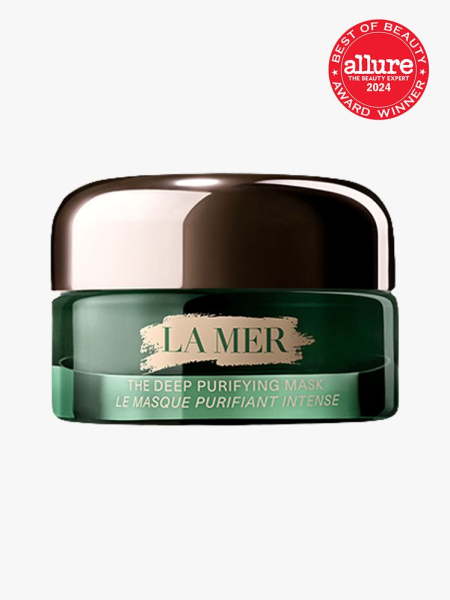 mask in branded green jar with soft rose gold lid on light gray background with red and white 2024 allure best of beauty seal